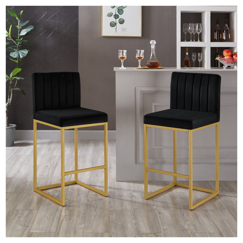 Tabouret à hauteur de comptoir moderne en velours avec dossier complet - ensemble de 2, noir / or, Noir, Matelassé