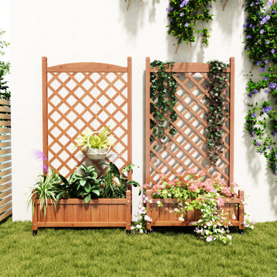 Raised Garden Bed with Trellis 2 Pack, Outdoor Wooden Planter Box & Plant Stand with Climbing Racks 