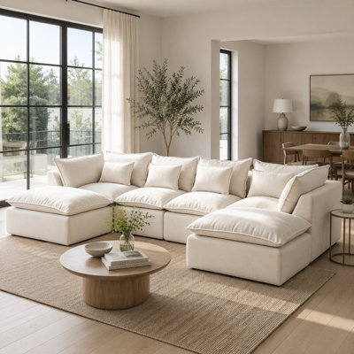129.8" Width Cloud Couch Oversized Modular Sectional Sofa True Relax Comfy Couches Wide Deep Seat Sofas For Living Room Furniture Sets, Waffle Fabric ,4Seat With 2Ottoman