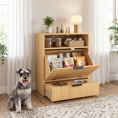 Dog Feeding Station with Storage, Hidden Pet Feeding Station with 2 Elevated Bowls, Tilt Out Storage Cabinet, Slow Feeder Mat, Dog Food Storage Cabinet for Small Medium, Oak