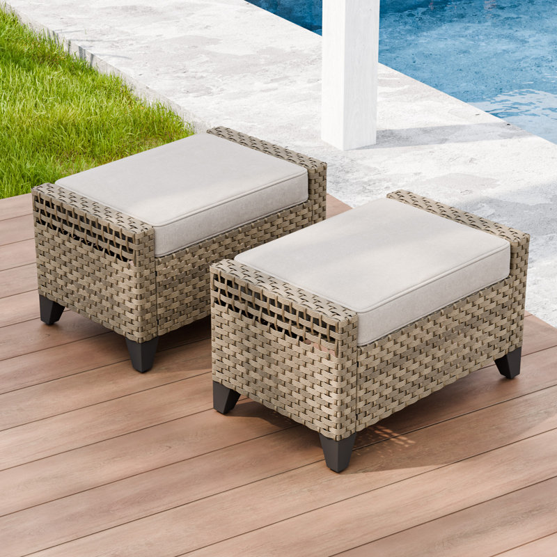 Outdoor Patio Brown Wicker Ottomans Footrests with Cushion Set of 2, Gray