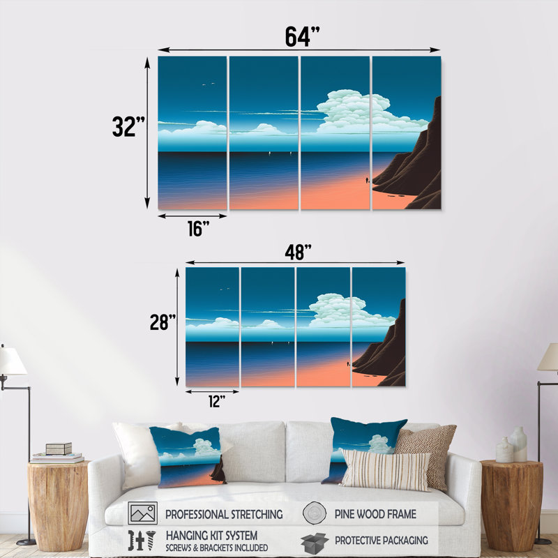 «Deep Blue Ocean Horizon Mountain Clouds», ensemble de 4 décorations murales océaniques, H 28 po x l 48 po