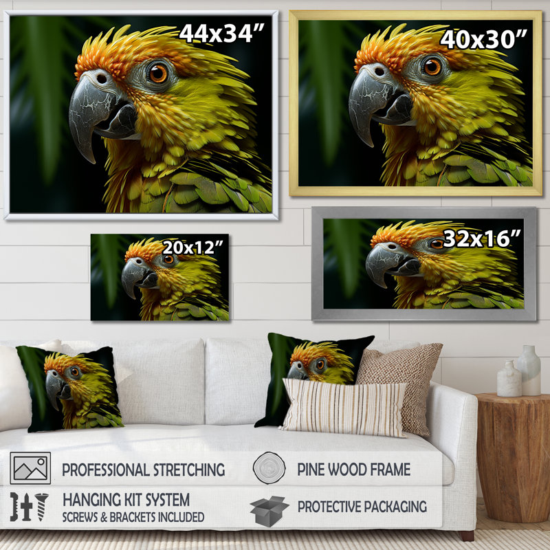 «Parrots Emerald Magical Melody I», reproduction sur toile, H 12 po x l 20 po x P 1 po, Encadrement doré