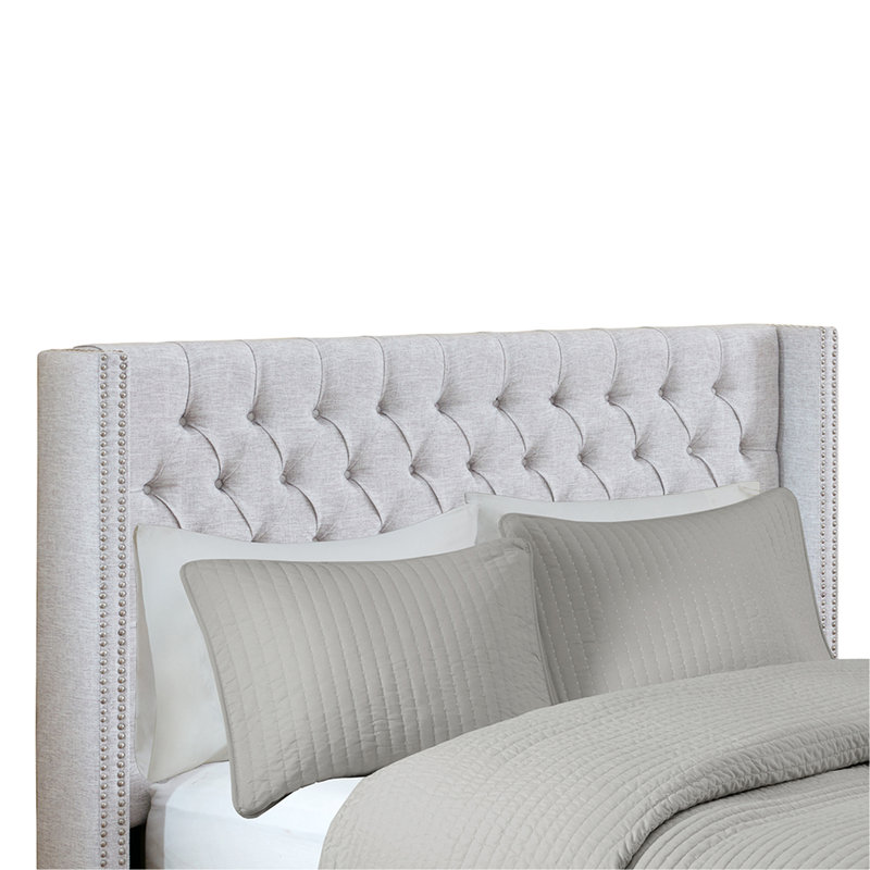 Upholstered Headboard For Bedroom, Button Tufting, Double Nailhead , Black Legs, Grey , 8.73"D X 53.99"H Chic Upholstery Headboard, Wing Back, Metal 68.73"W