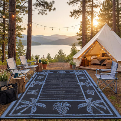 Tapis d'extérieur réversible 8 x 10 bleu marine, plantes tropicales bleu clair, grand tapis de paille en plastique imperméable, tapis d'extérieur pour le camping