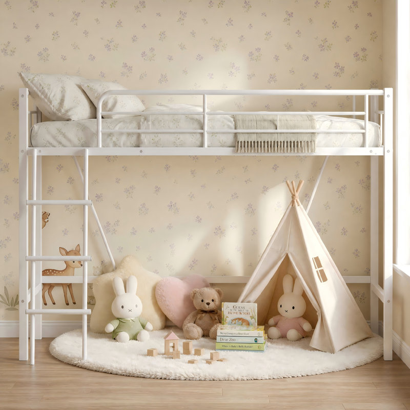 Lit mezzanine double robuste en acier, avec échelle amovible, barrière de sécurité complète et espace de rangement ouvert sous le lit. Sommier non requis. Blanc.