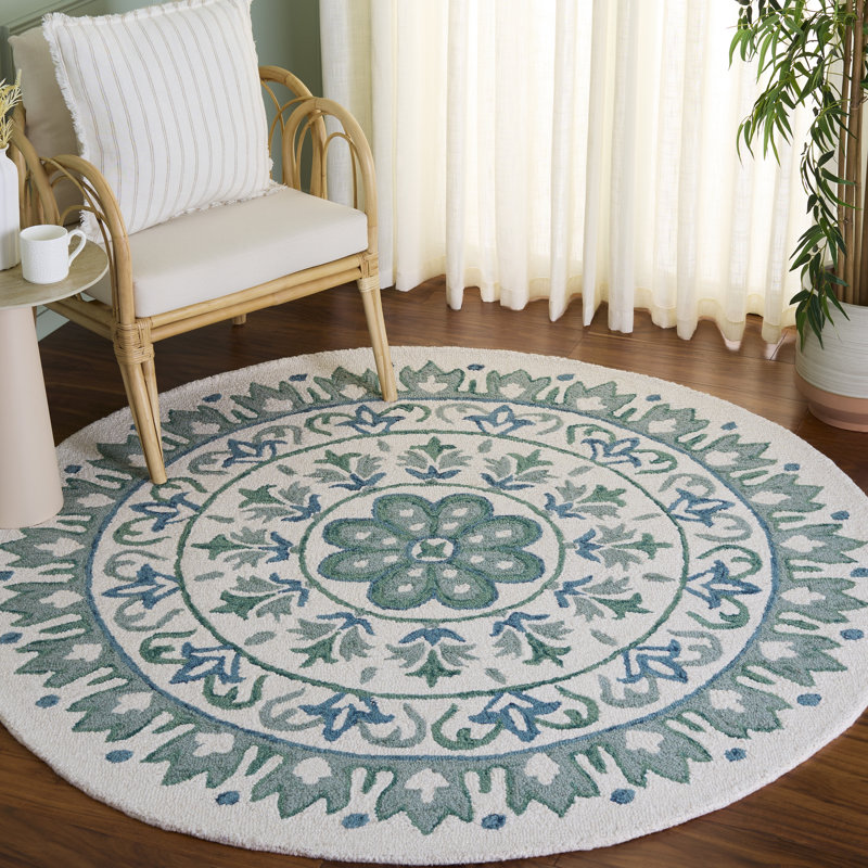 Tapis rond ivoire / bleu sarcelle en laine touffeté à la main Round Kenmure, Rond 6 pi