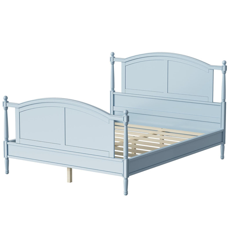 Cadre de lit plateforme traditionnel en bois, grand lit en bois de style campagnard avec tête et pied de lit arqués, cadre de lit à panneau de style chalet avec poteaux et support à lattes, aucun sommier nécessaire, bleu clair