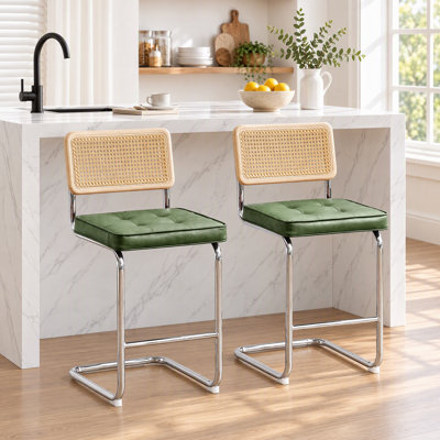 Marlow 26" Organic Modern Faux Leather Upholstered Counter Stool with Rattan Back and Chrome Cantilever Frame