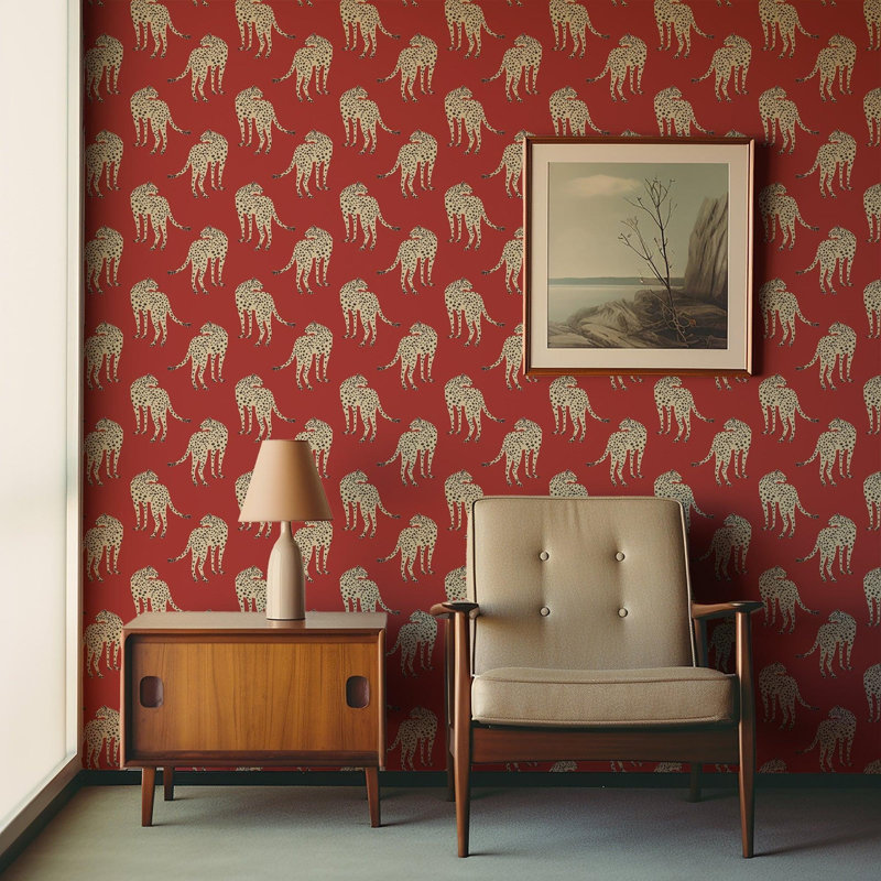 Prowling Cheetah - Wallpaper, Red, Faux Grasscloth, Non-Pasted