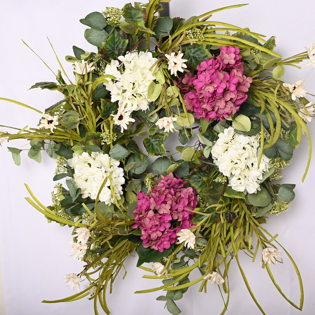26" Faux Hydrangea Floral Wreath for Front Door Primrue Wreath 
