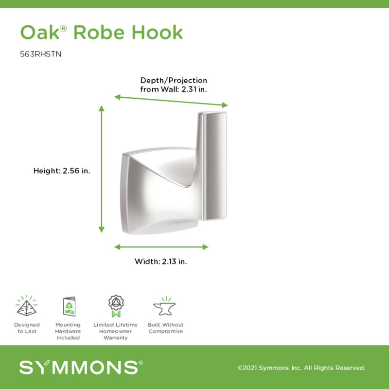 Oak Wall Mounted Robe and Towel Hook, Satin Nickel