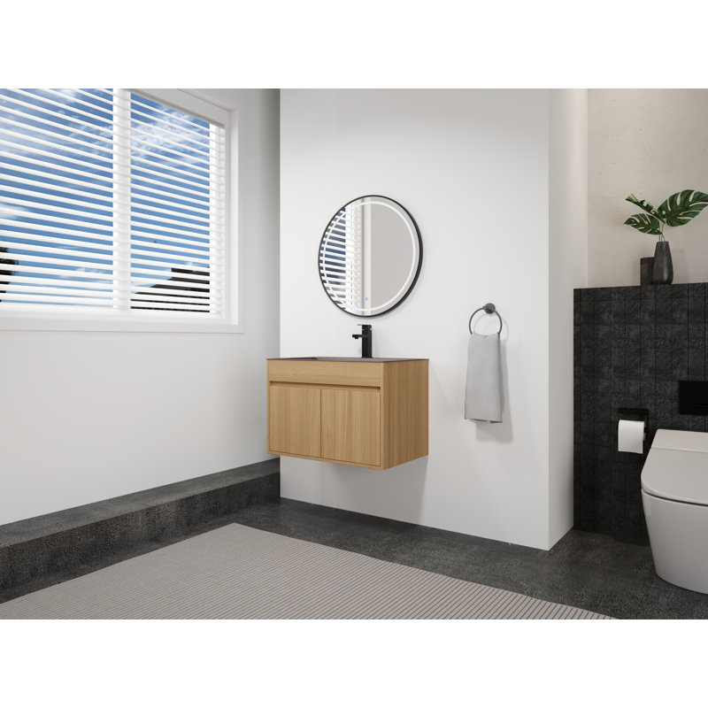 Meuble-lavabo mural 27 7/16 po - Bassin en acier inoxydable gris acier, armoire à grain de bois et portes à fermeture en douceur