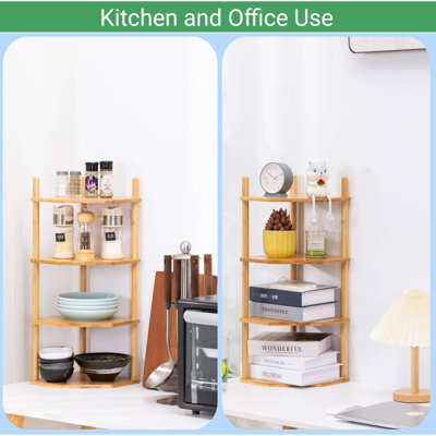 2-Tier Expandable Bamboo Corner Shelf - Desktop Organizer, Dish/Plate Organizer For Cabinet, Kitchen Counter Shelf & Small Kitchen Shelf, Adjustable (1 Pc, Corner-6.7" H)