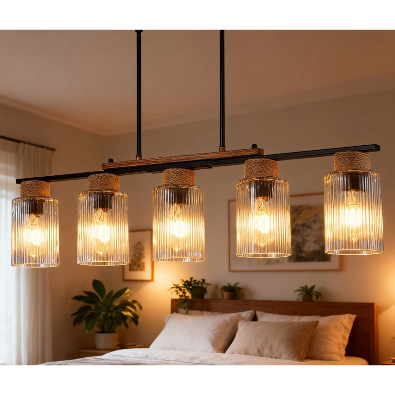 Lustre linéaire à 5 lumières pour îlot de cuisine, luminaire suspendu noir moderne avec abat-jour en verre ondulé, hauteur de suspension réglable, compatible avec douille E26