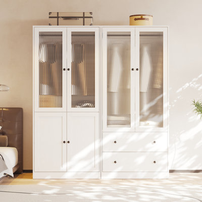 20"D x 63"W x 71"H Modern Armoire With Soft-Close Doors — Fluted Glass Wardrobe Closet With Shelves & Drawers