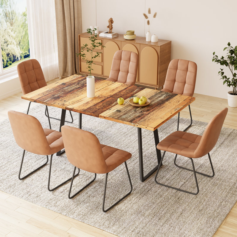 6 - Person Kitchen Dining Set, 47'' to 62'' Extendable Dining Table with 32.8"H Upholstered Dining Chairs, Space-saving Long Dining Table Furniture for 6 Person