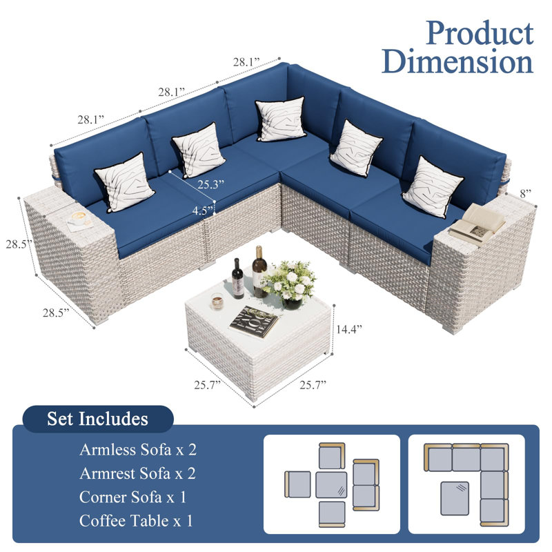 Ensemble de meubles de patio en osier 6 pièces, ensemble modulaire d'extérieur avec larges accoudoirs pour balcon de jardin