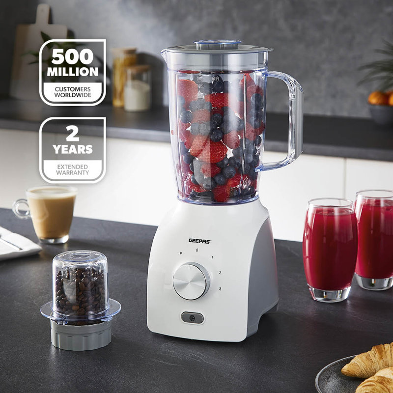 GEEPAS 2-in-1 Food Jug Blender | 1.8L Juice Jar & 60G Mini Coffee Spice Mill | 6-Leaf Stainless-Steel Blades 3 Speed & Pulse Smoothie Maker Turbo Button for Ice Crushing Overheat Protection 600W