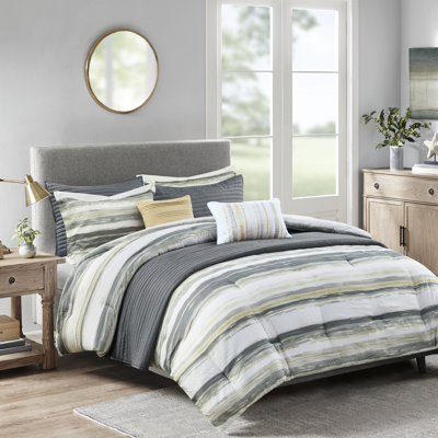 Yellow Full/queen Seersucker Bedding - 8 Piece With Comforter, Textured Watercolor Stripe Quilt And Shams Comforter Textured, , Gray Channel Stitch