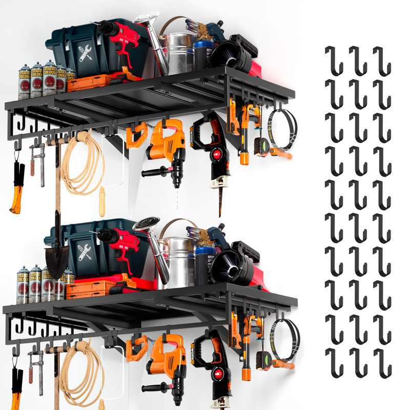2 tablettes murales de garage 2 pièces - 3,5 * 2 pi très grandes tablettes flottantes robustes avec 30 crochets, capacité de charge de 1102 lb, support de rangement de garage suspendu, support utilitaire de rangement pour outils, pour la maison, atelier