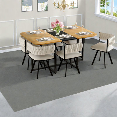 Ensemble de table de salle à manger moderne 7 pièces, table en MDF bicolore et chaises en velours pour espaces compacts