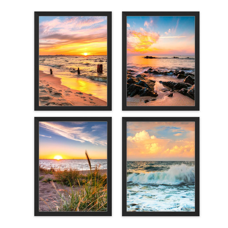 Encadrement pastel coucher de soleil nautique océan plage, ensemble de 4 impressions murales colorées de paysage encadrées sur papier, impression de 4 pièces