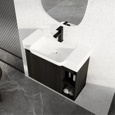 Lavabo en céramique blanc, meuble-lavabo mural de 28 po, aspect chêne foncé, mécanisme de fermeture en douceur, 45 poignées cachées, armoire à une porte, deux tablettes ouvertes, finition à l'eau, fonction, design, rangement