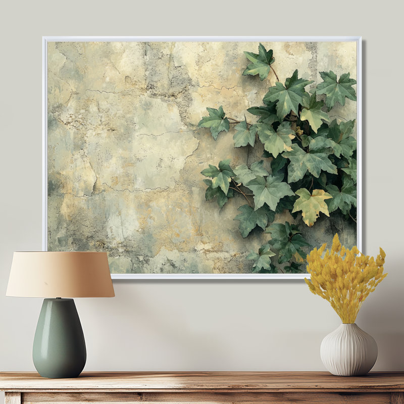 Collage de feuilles de lierre sur un mur I - feuilles, art mural pour le salon, H 16 po x l 32 po, Blanc