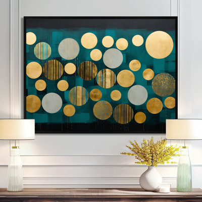 Golden Circles Dance On Teal Blue - Abstract Geometric Wall Art