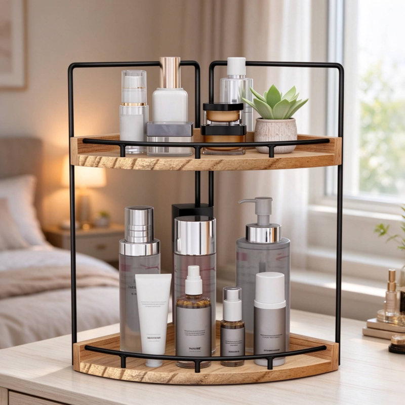 Organisateur de comptoir à 2 niveaux en forme de demi-lune, tablette de salle de bain en bois et métal, tablette de rangement multifonctionnelle pour salle de bain, chambre, cuisine, maquillage, cosmétiques, articles de toilette, épices