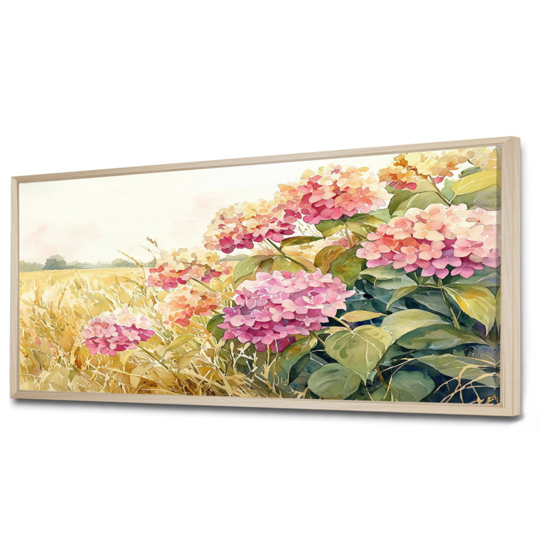 «Hortensias de campagne dans le champ de maïs», art sur toile, H 28 po x l 60 po, Cadre flottant, Naturel