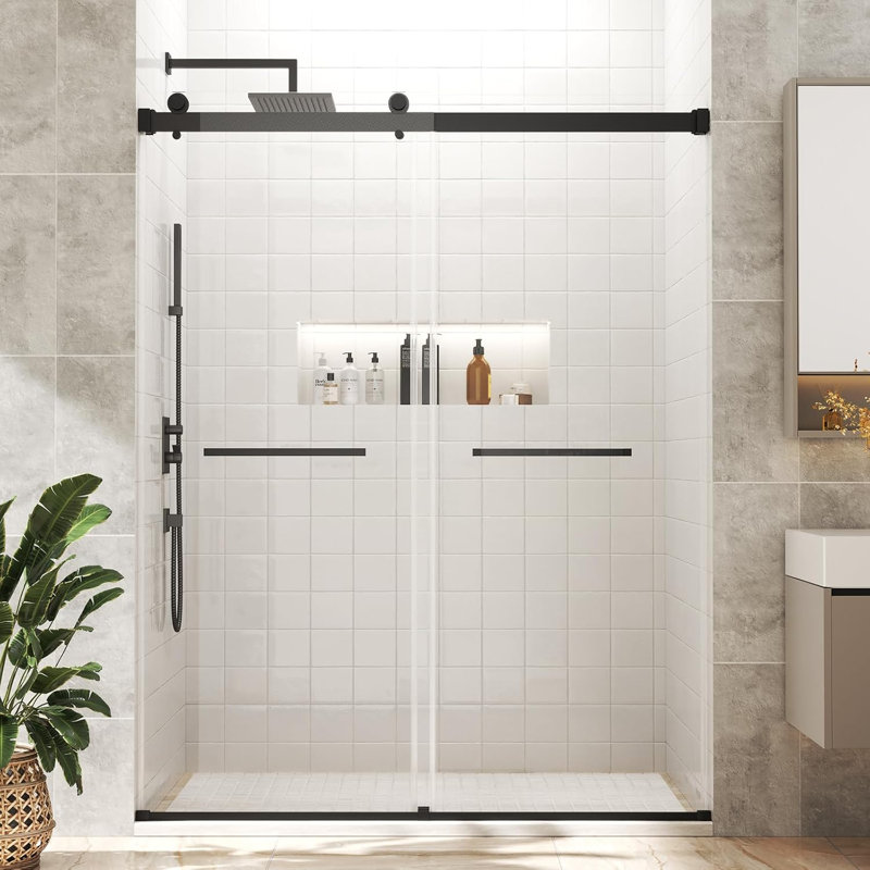 44–48" W x 76" H Modern Frameless Double Sliding Shower Door Tempered Glass and Stainless Steel Hardware, Matte Black