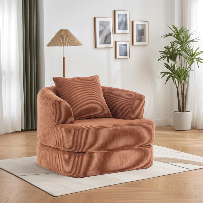 Oversized Upholstered Convertible Accent Barrel Chair, Orange Corduroy