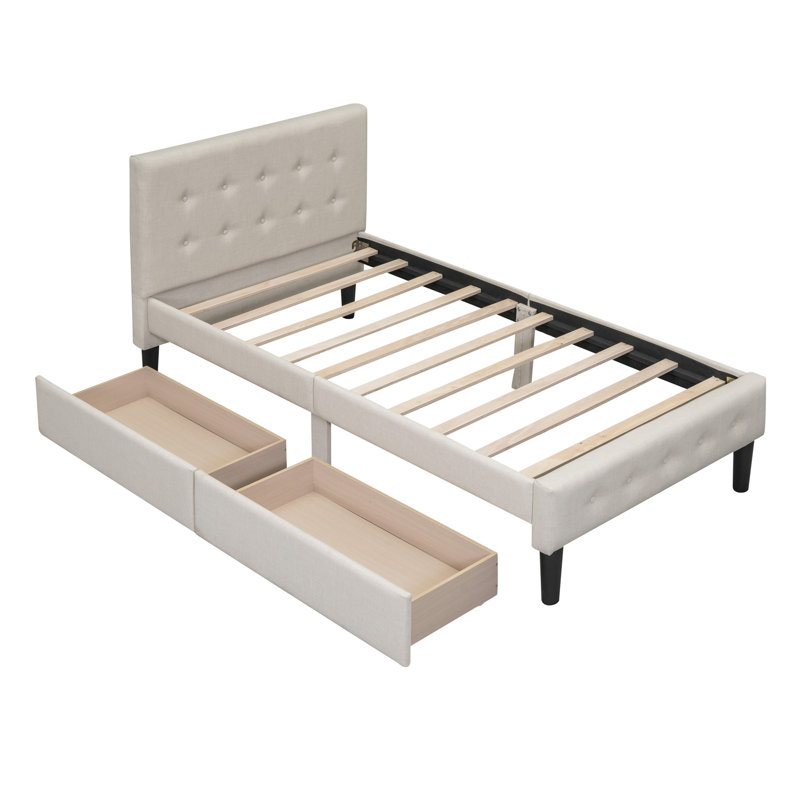 Lit plateforme tapissier à 2 tiroirs, Beige