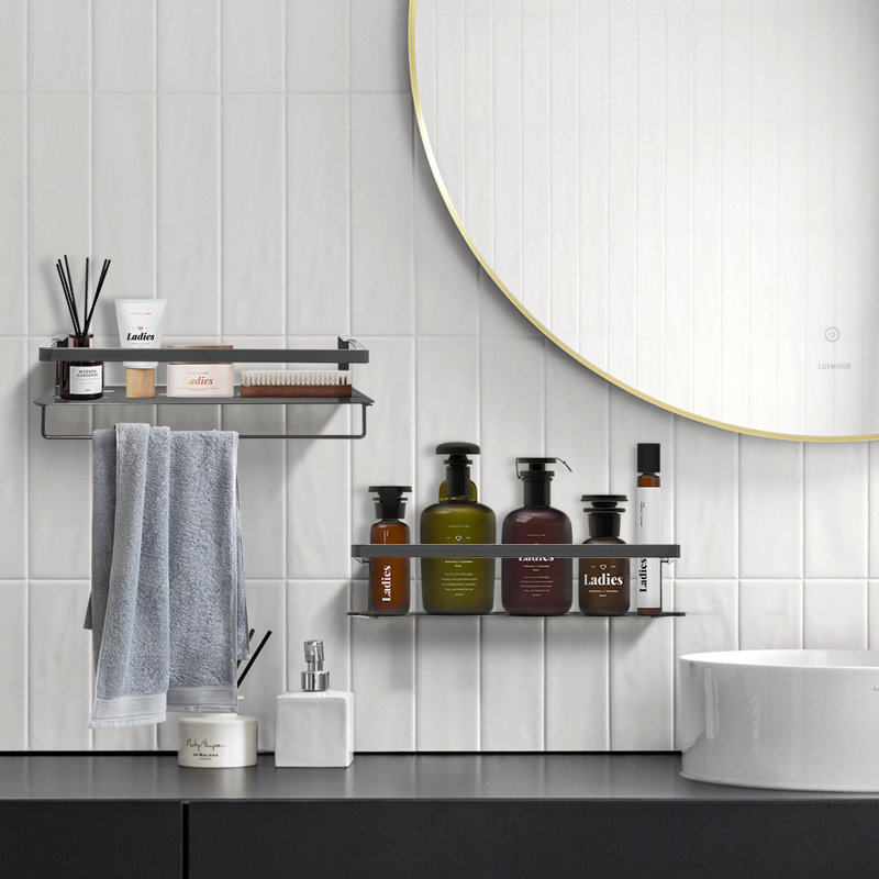 Gray Iron Floating Wall Shelves with Towel Bar, Set of 2