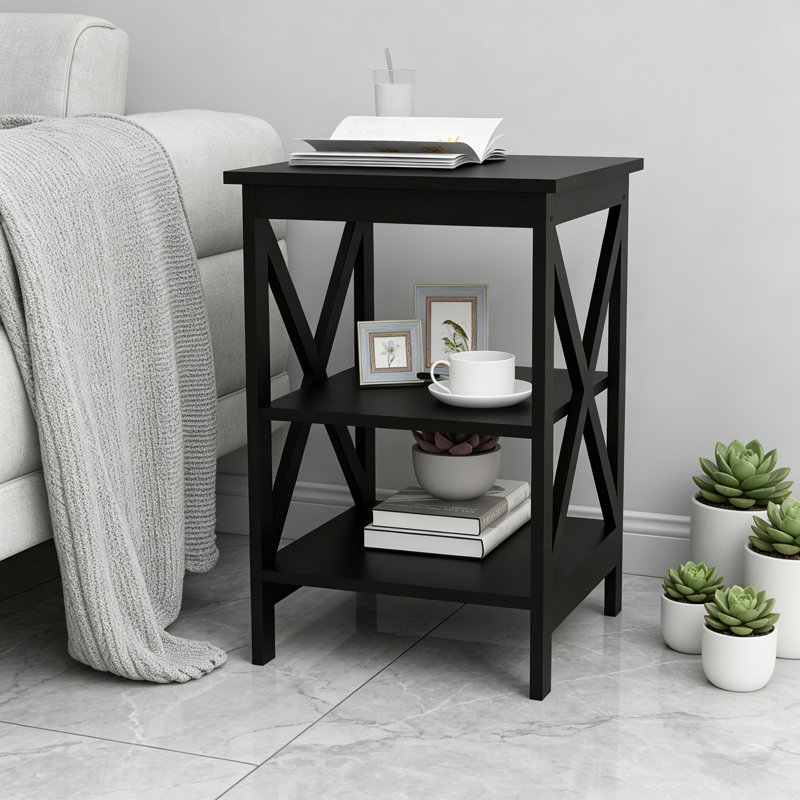 Table de bout en bois avec rangement et canapé avec table en X et deux tablettes, Noir