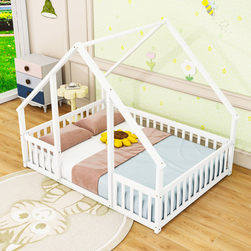 Lit en bois avec garde-corps de sécurité en forme de maison, Double, Blanc