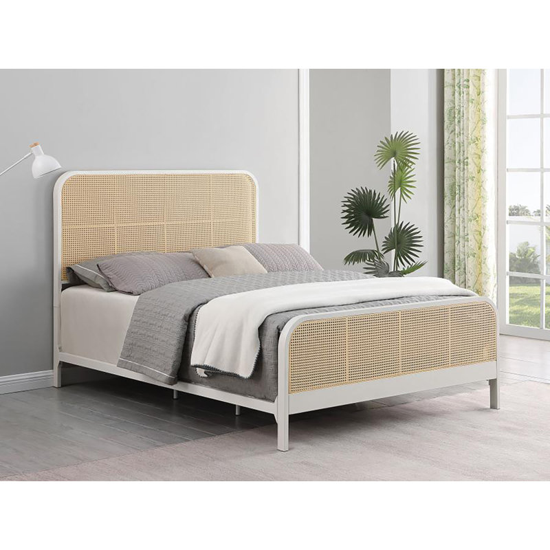 Begic Open Cane Webbing Metal Bed, Antique White, Queen