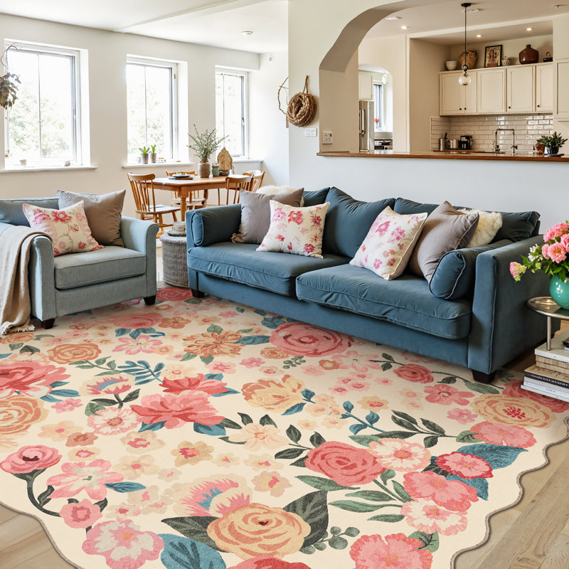 Johy Modern Floral Machine Washable Area Rug with Non-Slip Backing, Rectangle 6' x 9'