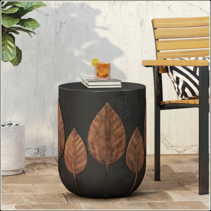 Outdoor Lightweight Concrete Side Table With Leaf Pattern, Durable And Stylish For Patio Decor