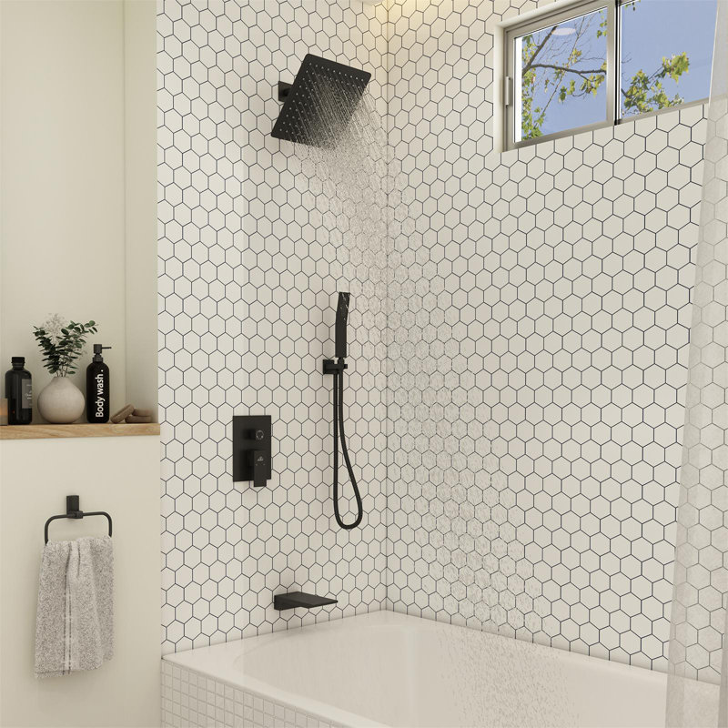 Système de douche à pluie 3 fonctions 10 pouces avec pomme de douche inclinable et bec de baignoire Waterfall, Noir mat