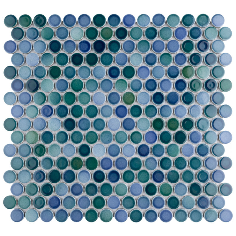 Hudson Penny Round Aquamarine 11-7/8" x 12-5/8" Porcelain Mosaic Floor and Wall Tile