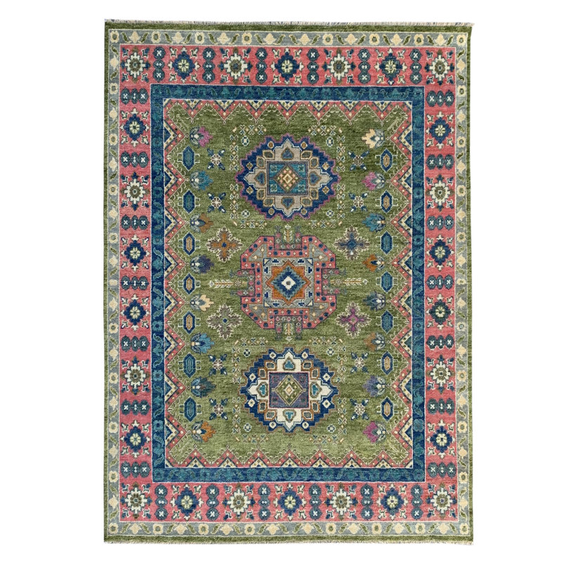 Tapis gris clair noué à la main Ava Kazak, Rectangle 9 pi x 12 pi