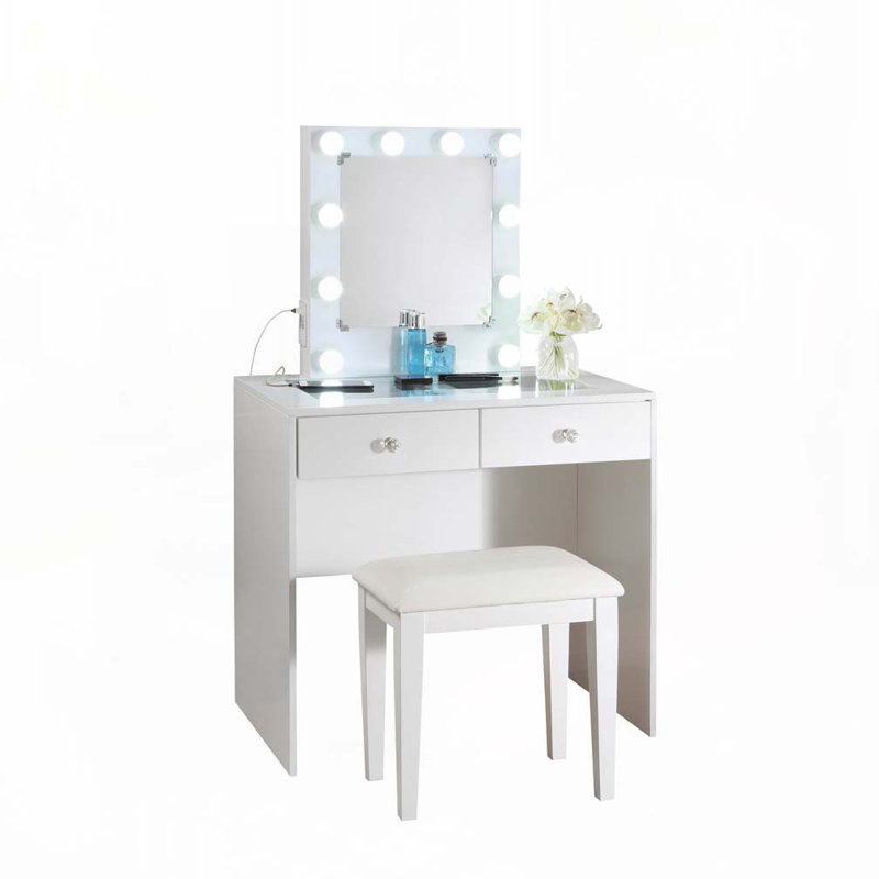 Ensemble de coiffeuse et tabouret de maquillage blanc avec 10 lumières, port USB et prise de courant, 2 tiroirs de style luxueux