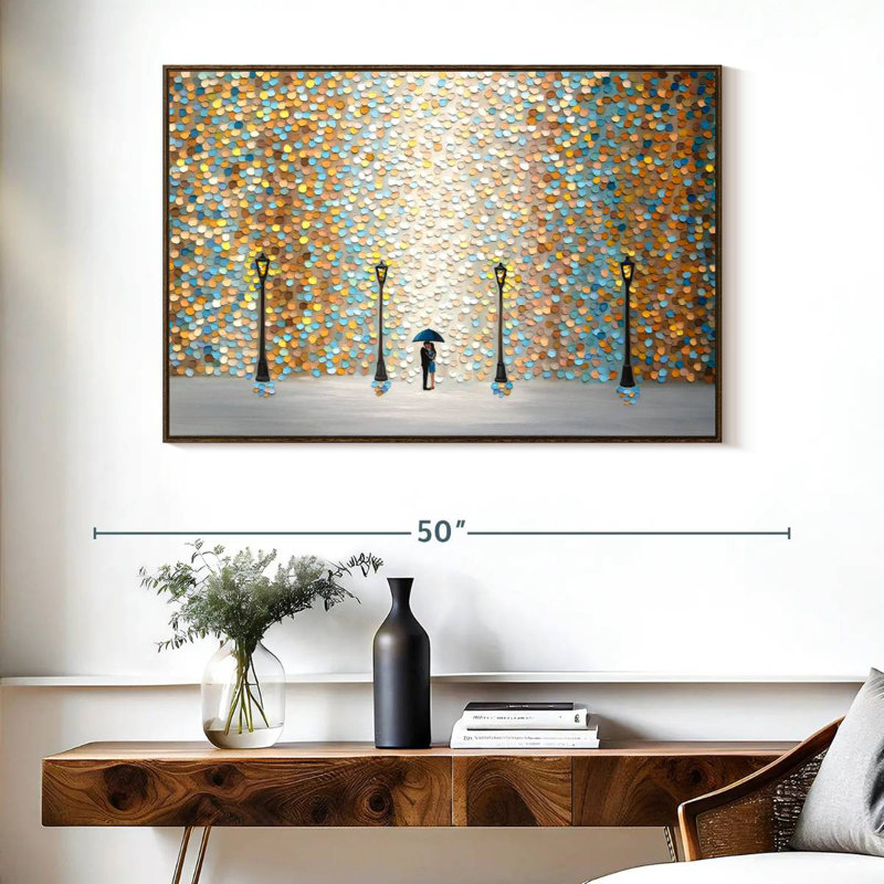 Baiser sous la pluie dorée, Cadre flottant noyer, 40 po x 27 po