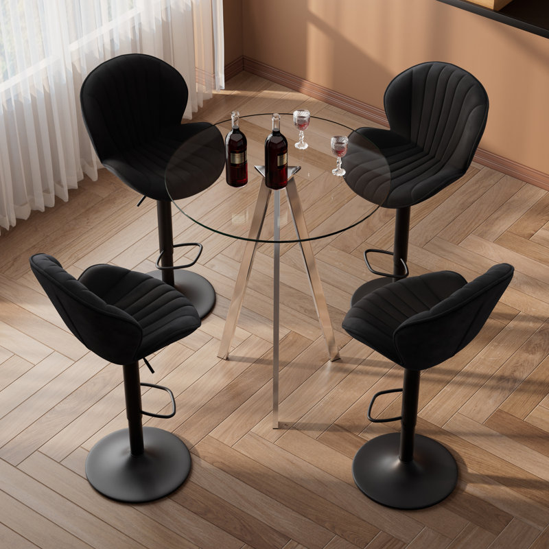 Table de pub ronde et 2 à 4 tabourets de bar réglables à 360 °, 5 pièces: table, 4 chaises, Noir, Argent argent