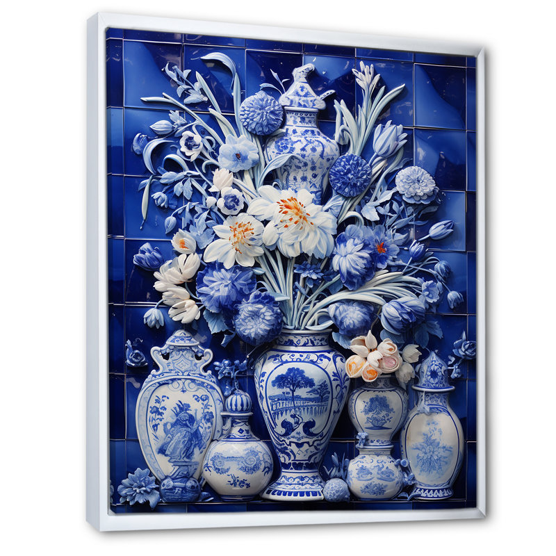 «Blue Boho Flower Pottery I» - art mural Boho, H 32 po x l 24 po x P 1 po, Cadre flottant blanc