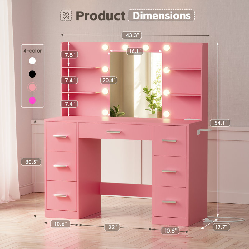 Ragin Makeup Vanity With Usb Power Outlet And 3 Modes Adjustable Brightness Light, 54.1" H x 43.3" W x 17.7" D, Light Pink