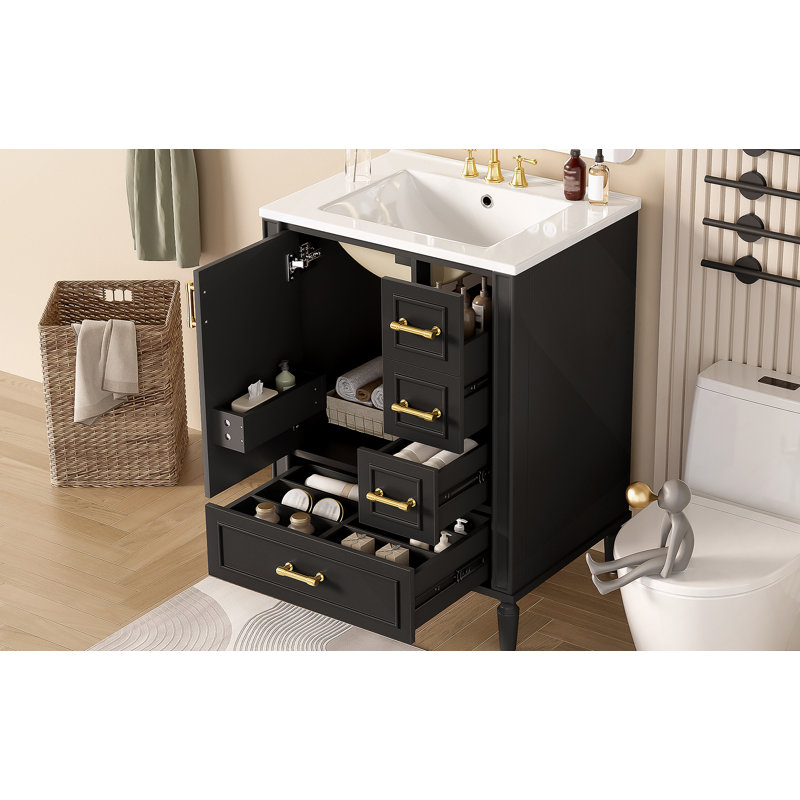 Modern Bathroom Vanity With Ceramic Sink, Soft-Close Door, 3 Drawers, Gold Handles, Black